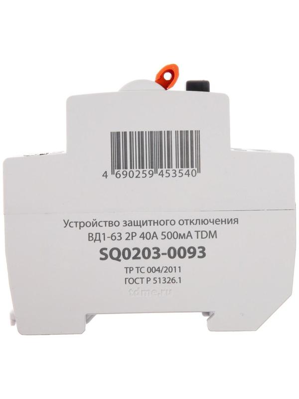 УЗО TDM ВД1-63, 2п, 40 А, 500мА, SQ0203-0093