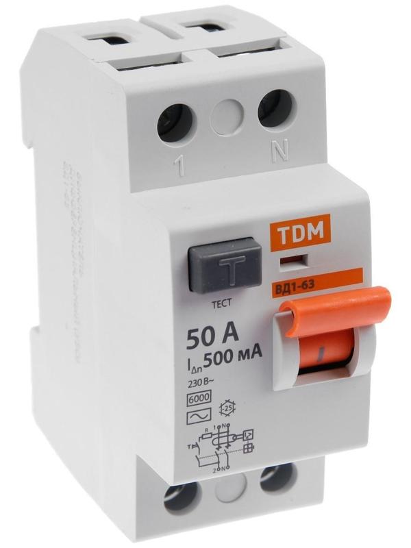 УЗО TDM ВД1-63, 2п, 50 А, 500мА, SQ0203-0094