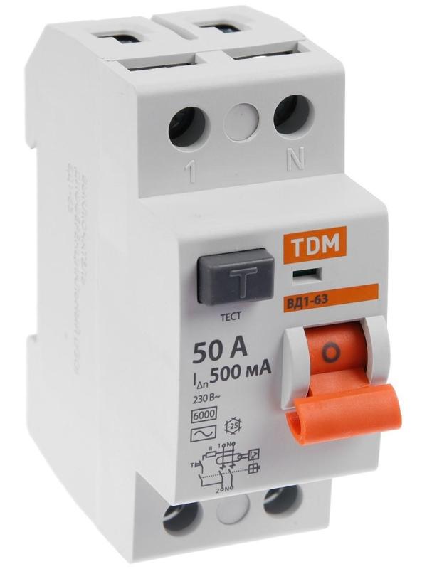 УЗО TDM ВД1-63, 2п, 50 А, 500мА, SQ0203-0094