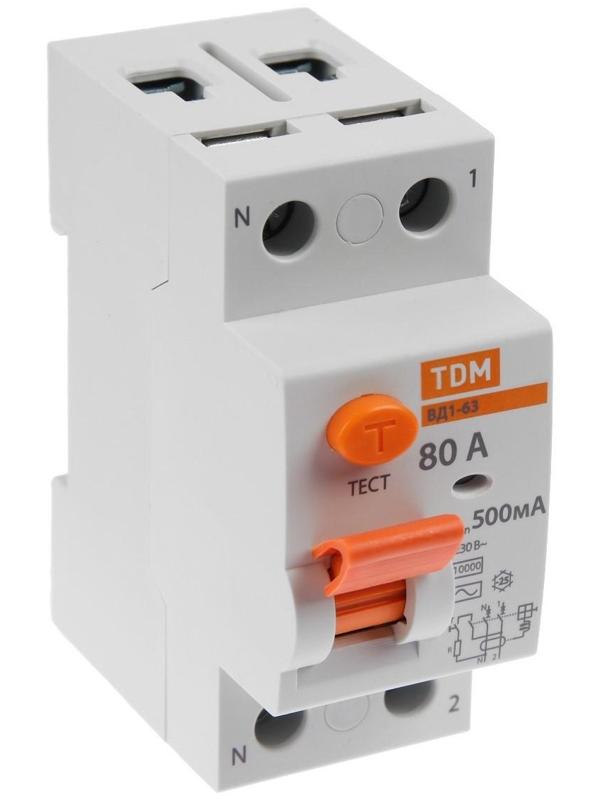 УЗО TDM ВД1-63, 2п, 80 А, 500мА, SQ0203-0096
