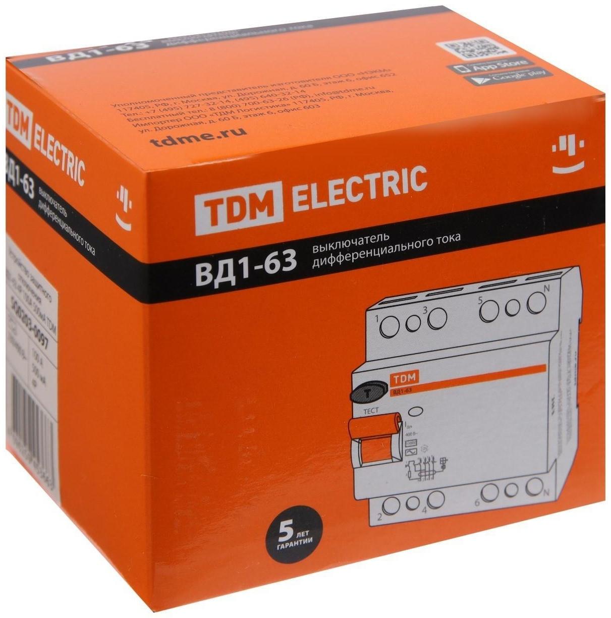 УЗО TDM ВД1-63, 4п, 100 А, 500мА, SQ0203-0097