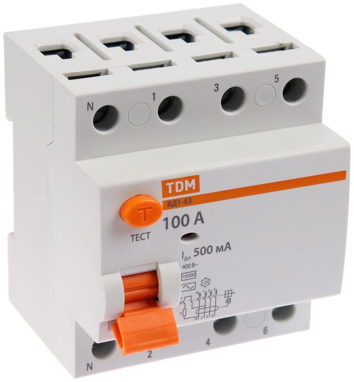 УЗО TDM ВД1-63, 4п, 100 А, 500мА, SQ0203-0097
