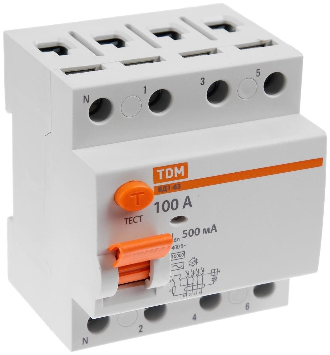 УЗО TDM ВД1-63, 4п, 100 А, 500мА, SQ0203-0097
