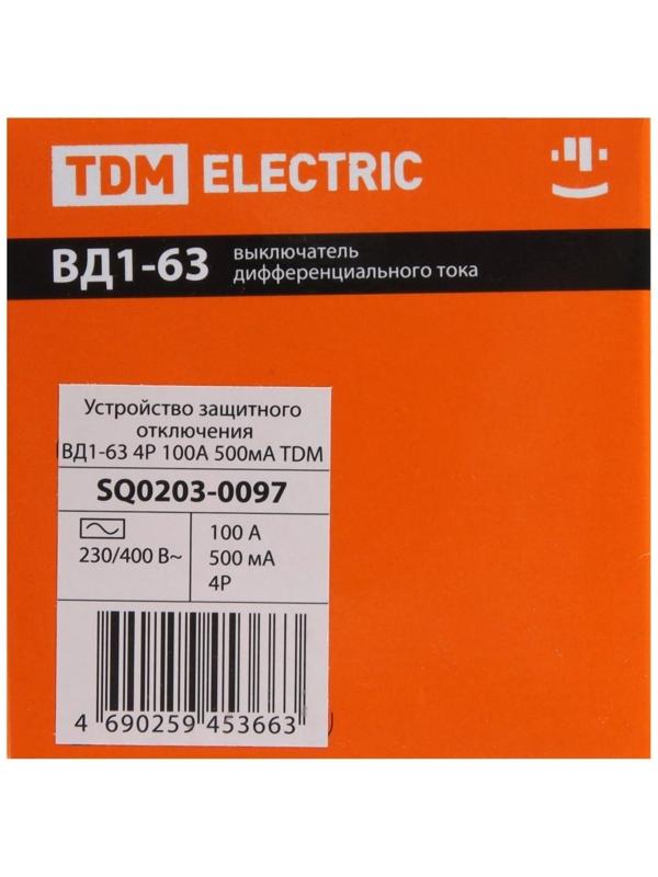 УЗО TDM ВД1-63, 4п, 100 А, 500мА, SQ0203-0097