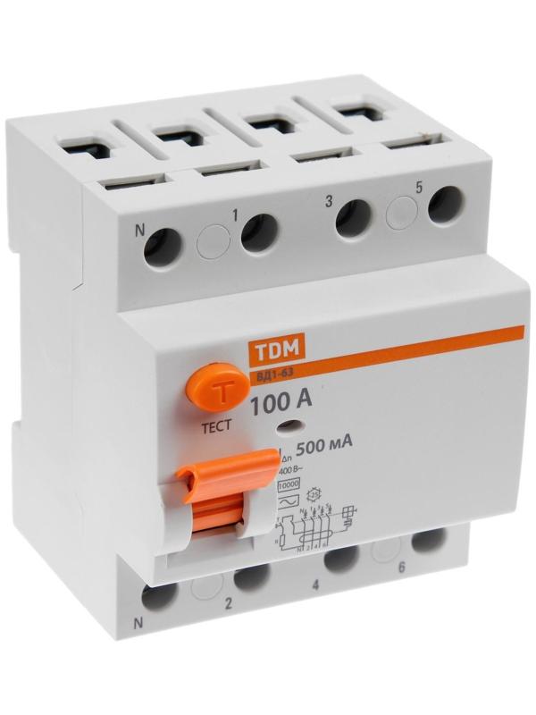 УЗО TDM ВД1-63, 4п, 100 А, 500мА, SQ0203-0097