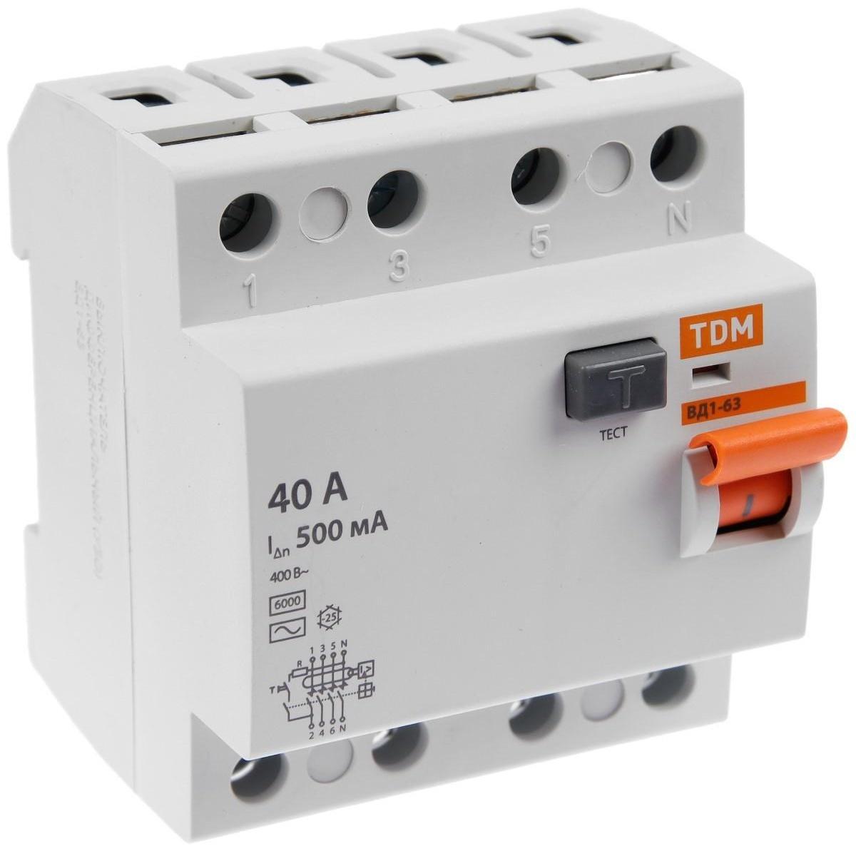 УЗО TDM ВД1-63, 4п, 40 А, 500мА, SQ0203-0098