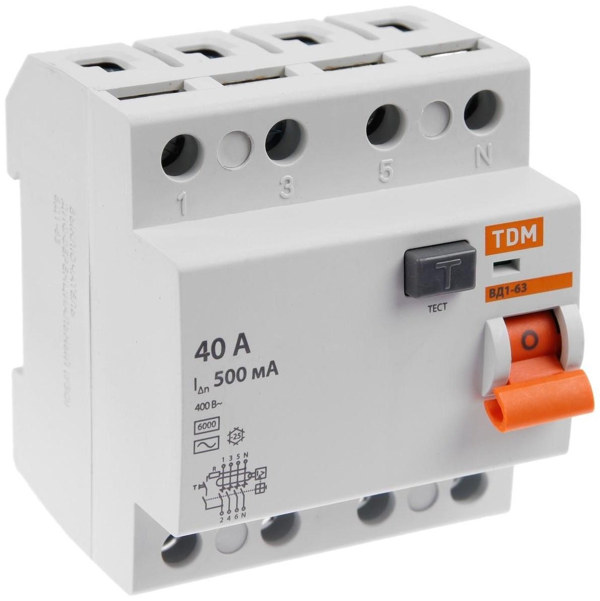 УЗО TDM ВД1-63, 4п, 40 А, 500мА, SQ0203-0098