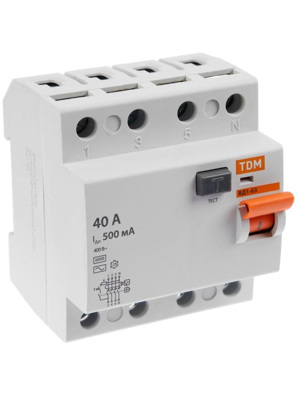 УЗО TDM ВД1-63, 4п, 40 А, 500мА, SQ0203-0098