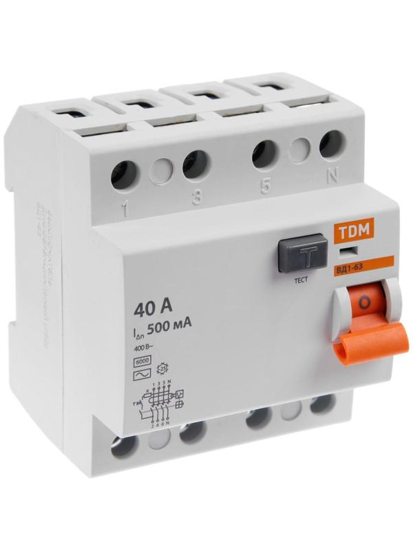 УЗО TDM ВД1-63, 4п, 40 А, 500мА, SQ0203-0098