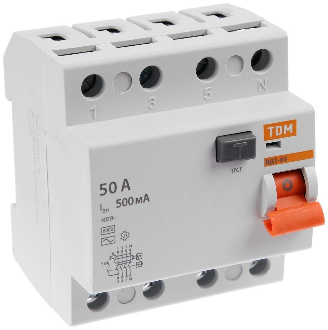 УЗО TDM ВД1-63, 4п, 50 А, 500мА, SQ0203-0099