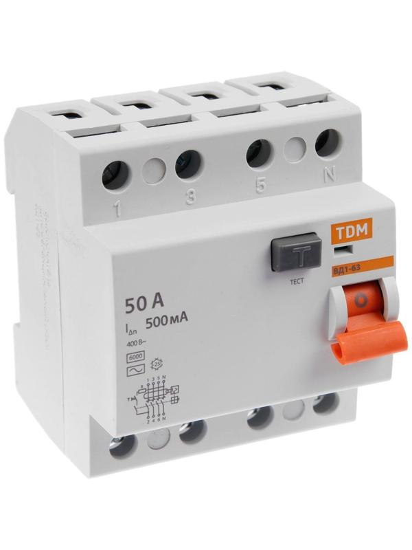 УЗО TDM ВД1-63, 4п, 50 А, 500мА, SQ0203-0099