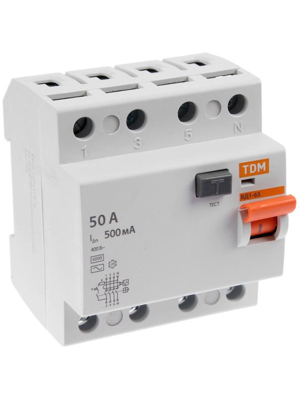 УЗО TDM ВД1-63, 4п, 50 А, 500мА, SQ0203-0099