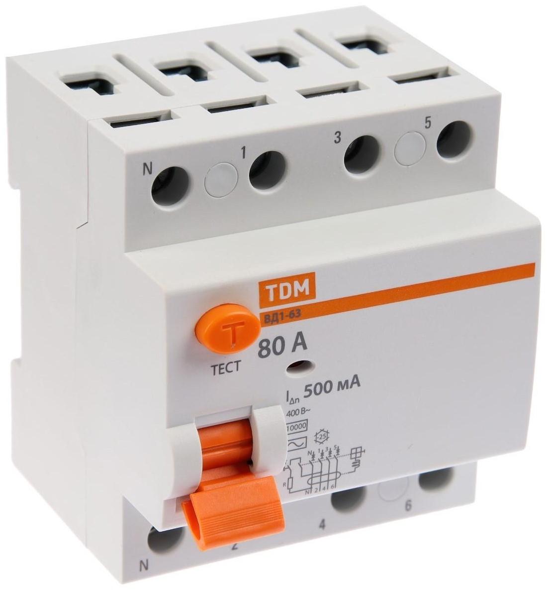 УЗО TDM ВД1-63, 4п, 80 А, 500мА, SQ0203-0101