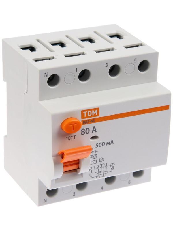 УЗО TDM ВД1-63, 4п, 80 А, 500мА, SQ0203-0101