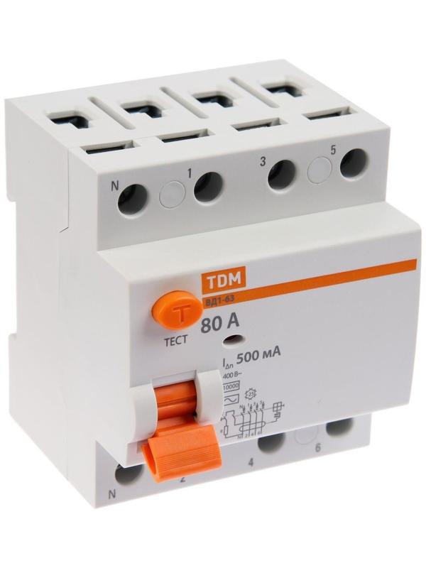 УЗО TDM ВД1-63, 4п, 80 А, 500мА, SQ0203-0101