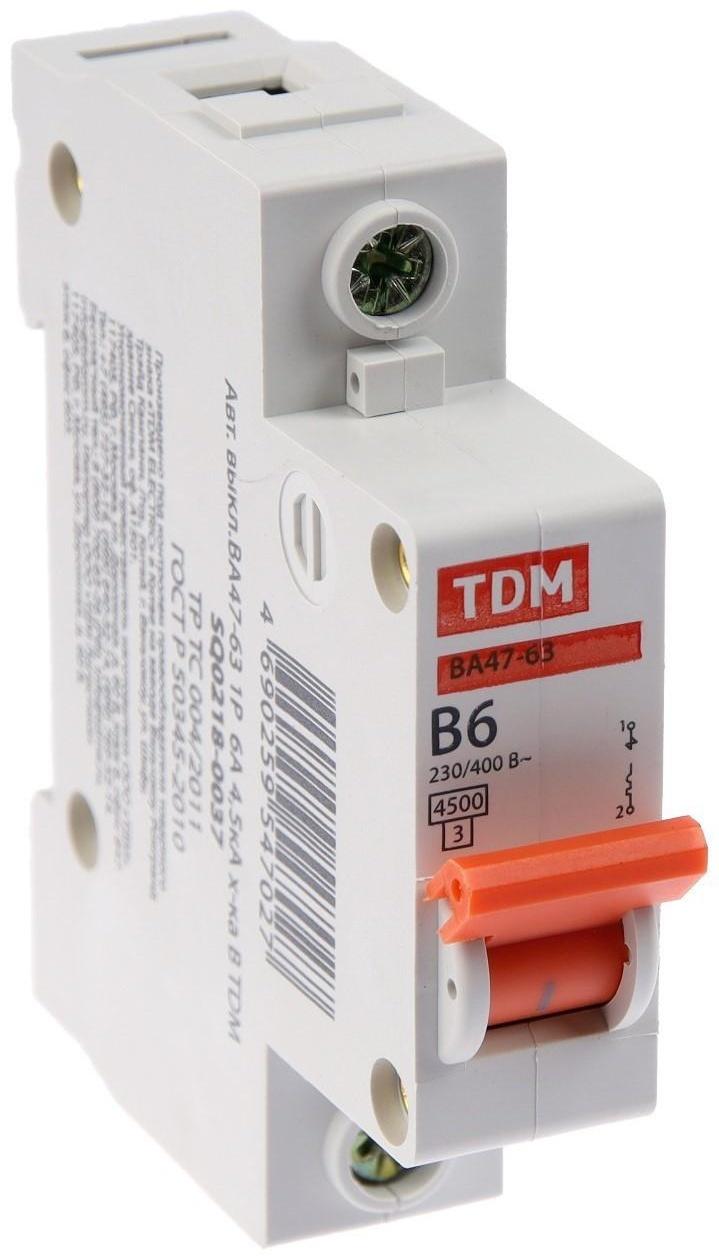 Выключатель автоматический TDM ВА47-63, 1п, 6 А, 4.5 кА, В, SQ0218-0037