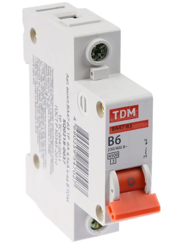 Выключатель автоматический TDM ВА47-63, 1п, 6 А, 4.5 кА, В, SQ0218-0037