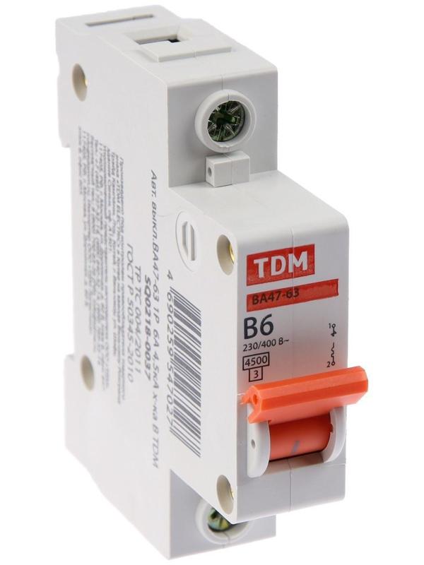 Выключатель автоматический TDM ВА47-63, 1п, 6 А, 4.5 кА, В, SQ0218-0037