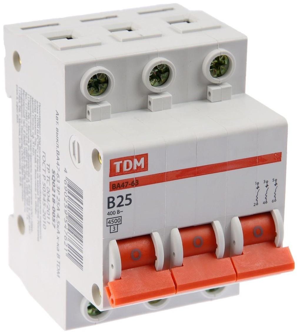 Выключатель автоматический TDM ВА47-63, 3п, 25 А, 4.5 кА, В, SQ0218-0057