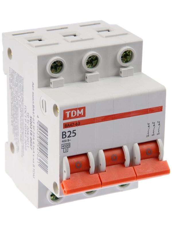 Выключатель автоматический TDM ВА47-63, 3п, 25 А, 4.5 кА, В, SQ0218-0057