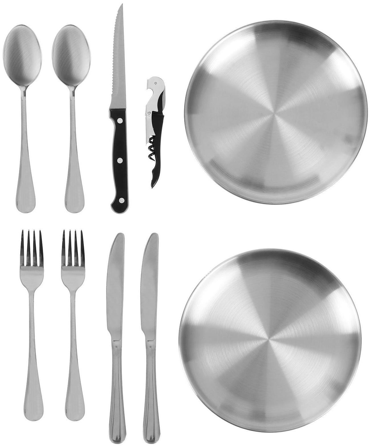 Набор для пикника , нержавеющая сталь (3 ножа,2 вилки,2 ложки,2 тарелки, открывашка)