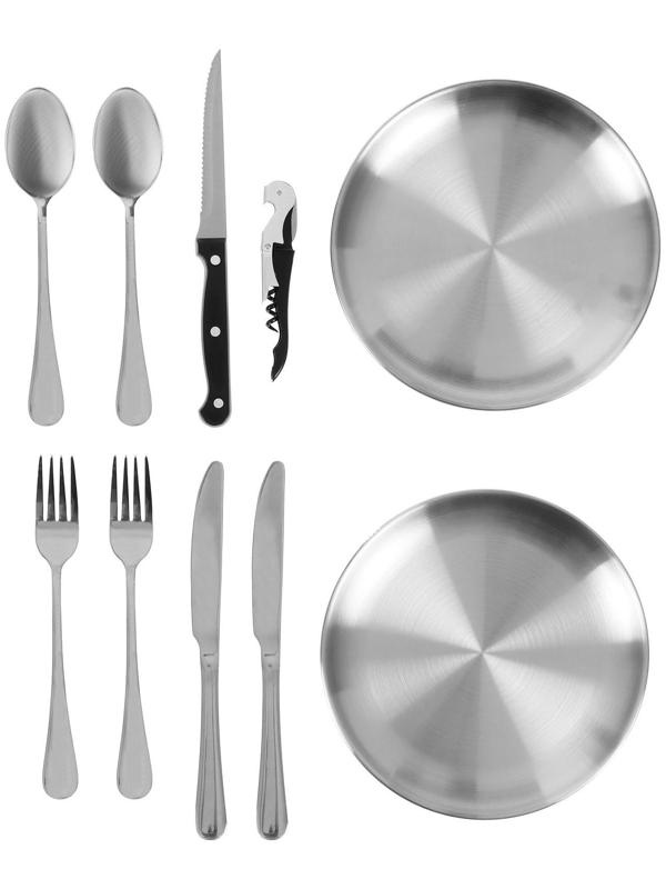 Набор для пикника , нержавеющая сталь (3 ножа,2 вилки,2 ложки,2 тарелки, открывашка)