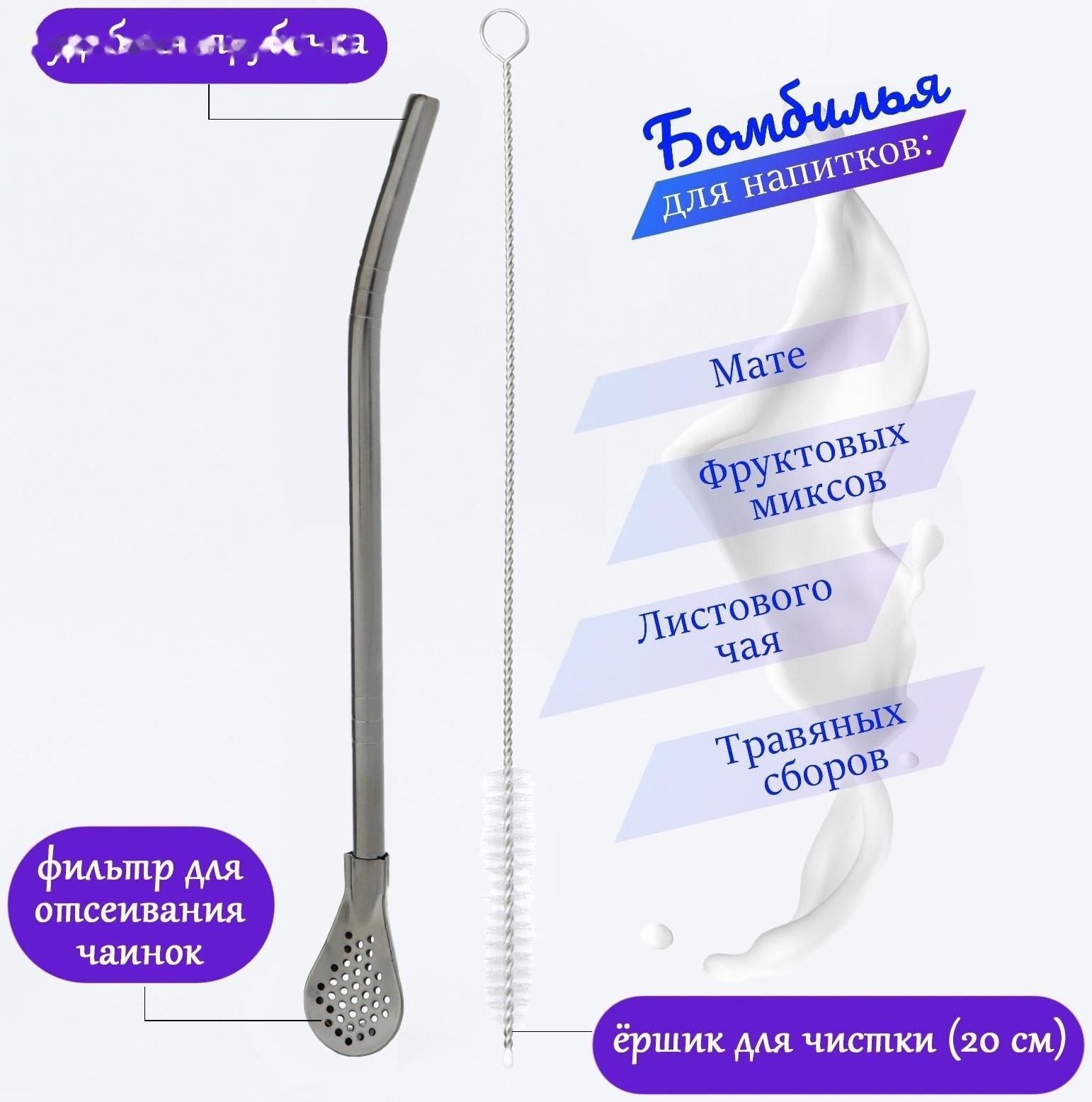 Бомбилья для чая Йерба Мате мини, l-18.5 см, с ёршиком, черная