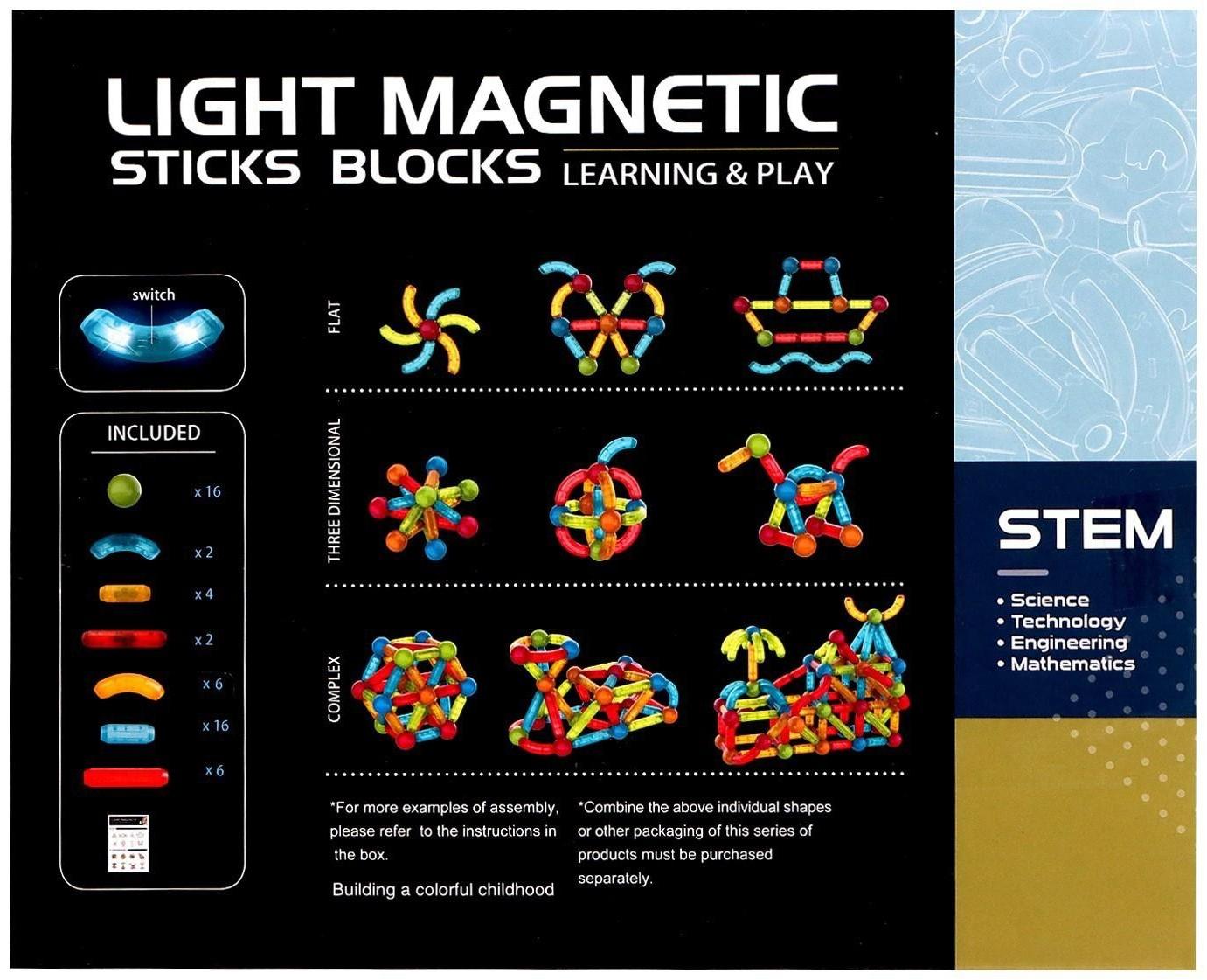 Конструктор магнитный для малышей Dige «Световые палочки» 8906 / 52 детали