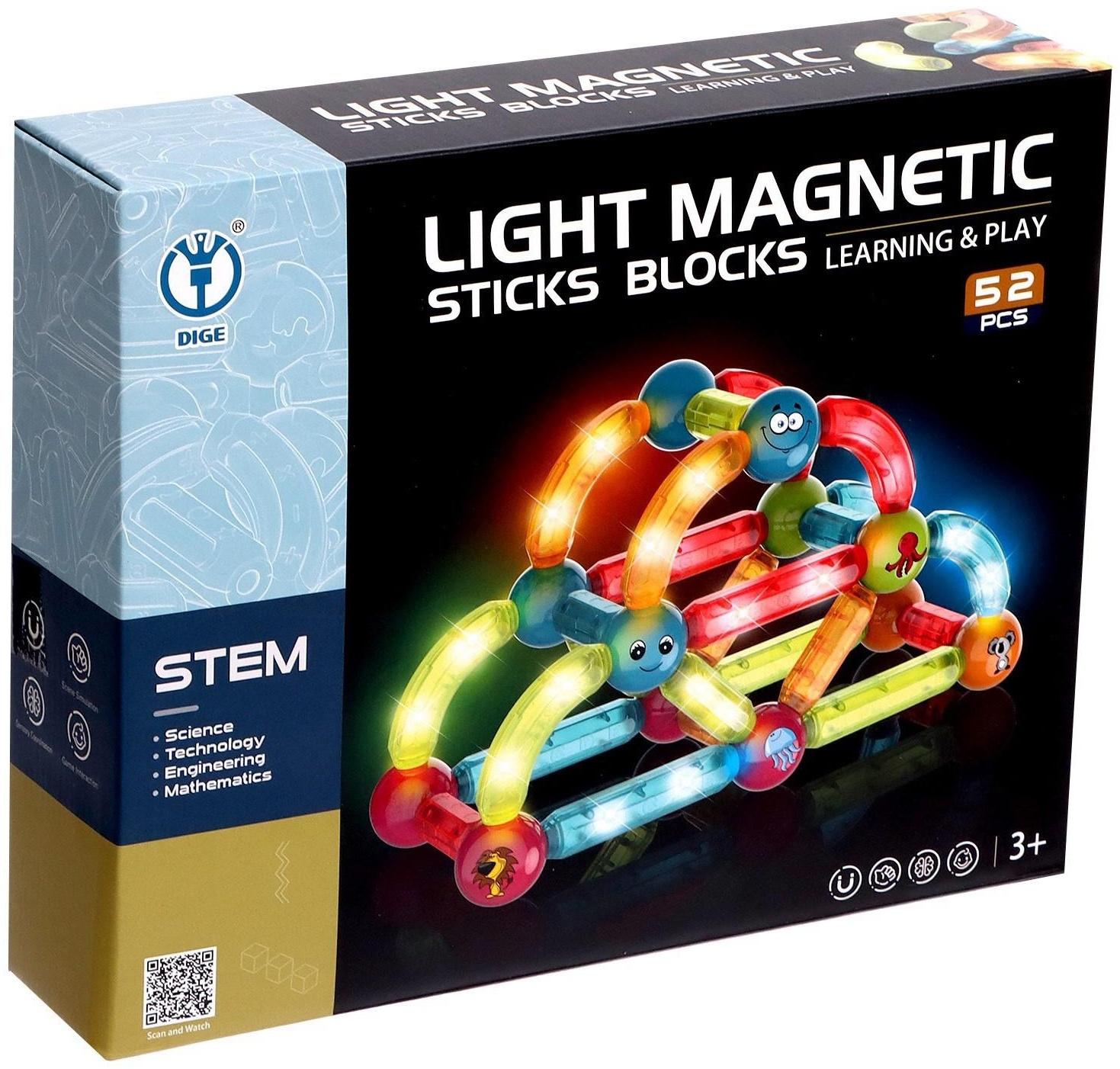 Конструктор магнитный для малышей Dige «Световые палочки» 8906 / 52 детали