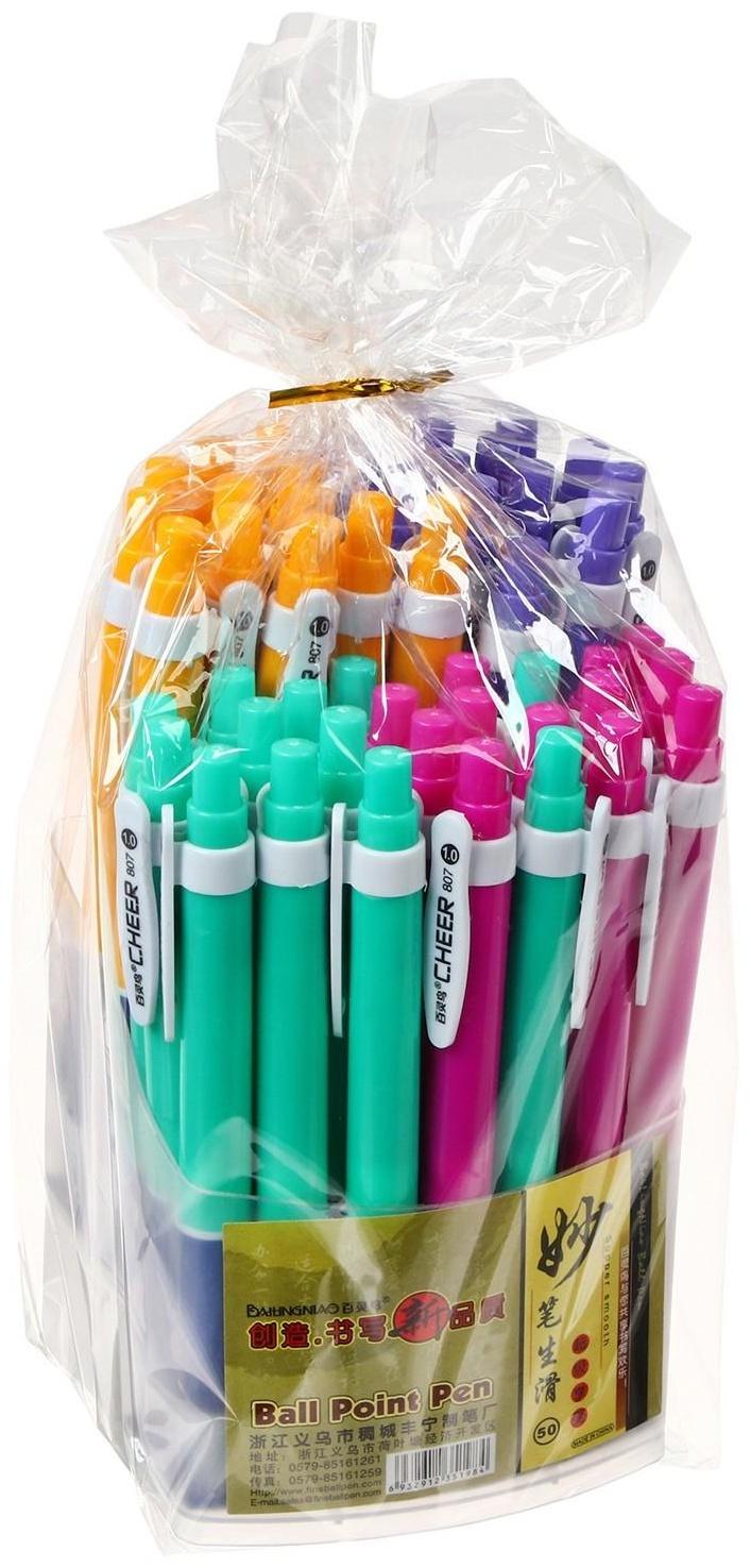 Ручка шариковая автоматическая 1,0мм, синяя, корпус МИКС с резиновым держателем