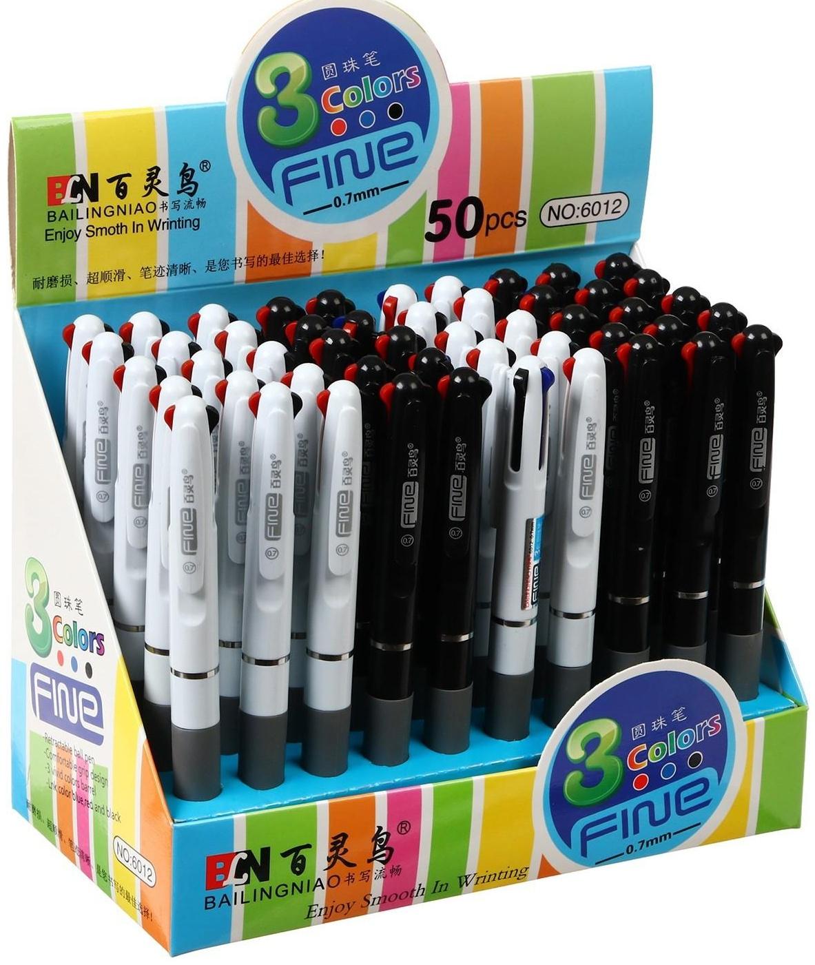 Ручка шариковая автоматическая 3-х цветная, стержень 0,8мм МИКС, с резиновым держателем