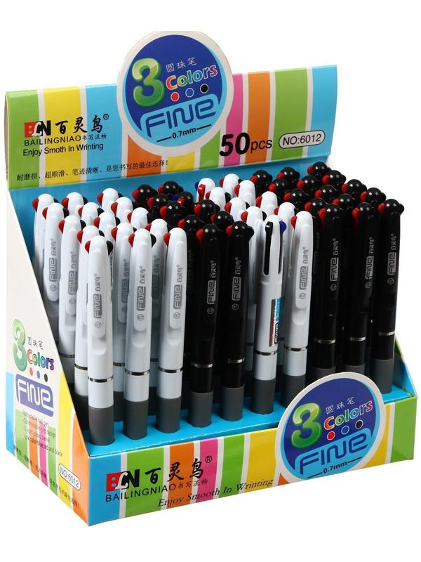 Ручка шариковая автоматическая 3-х цветная, стержень 0,8мм МИКС, с резиновым держателем