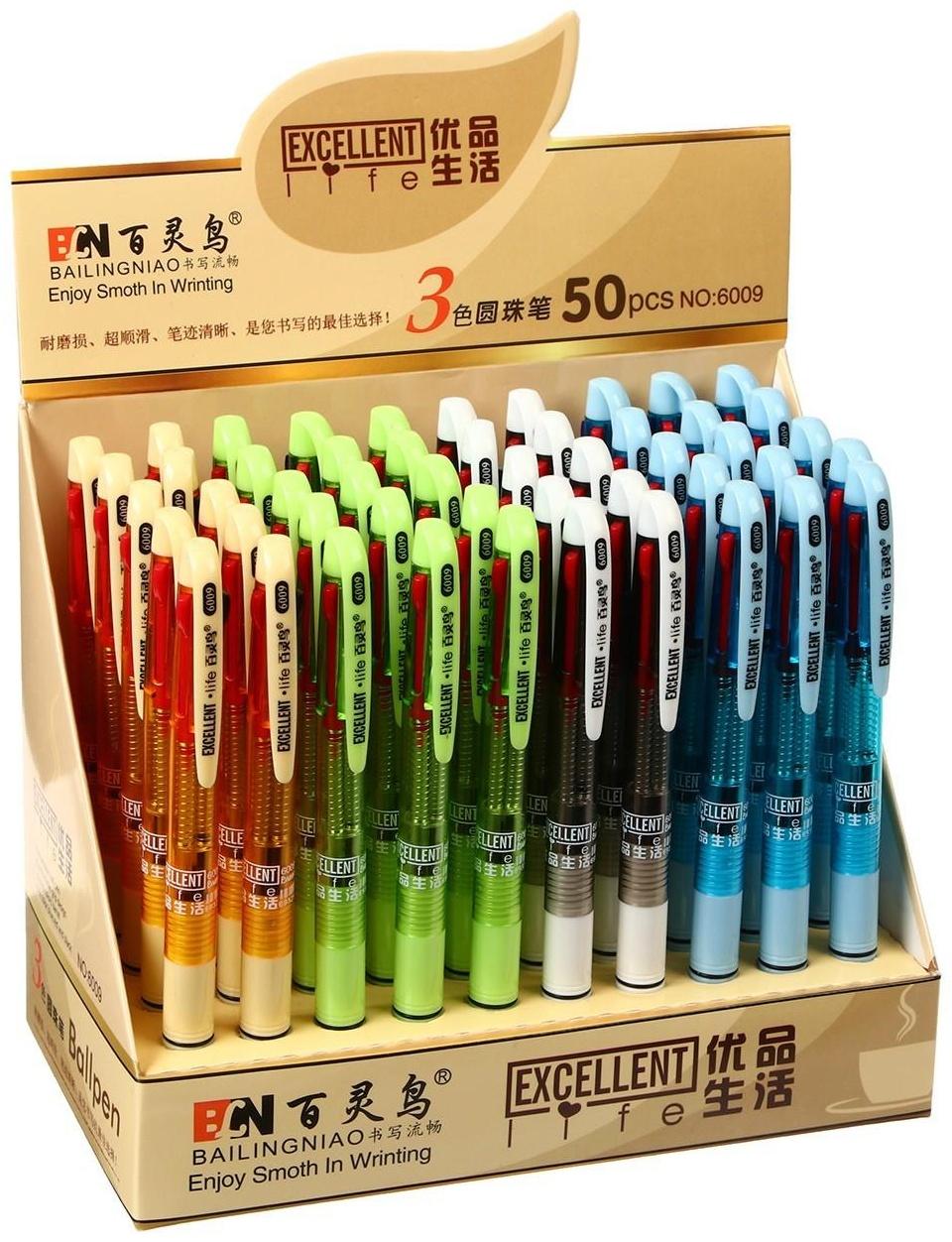 Ручка шариковая автоматическая 3-х цветная, стержень 0,8мм МИКС