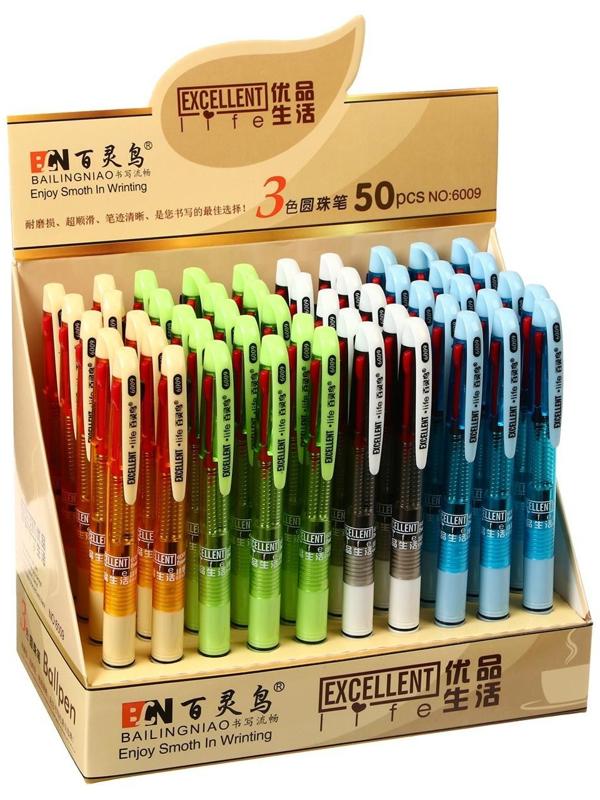 Ручка шариковая автоматическая 3-х цветная, стержень 0,8мм МИКС