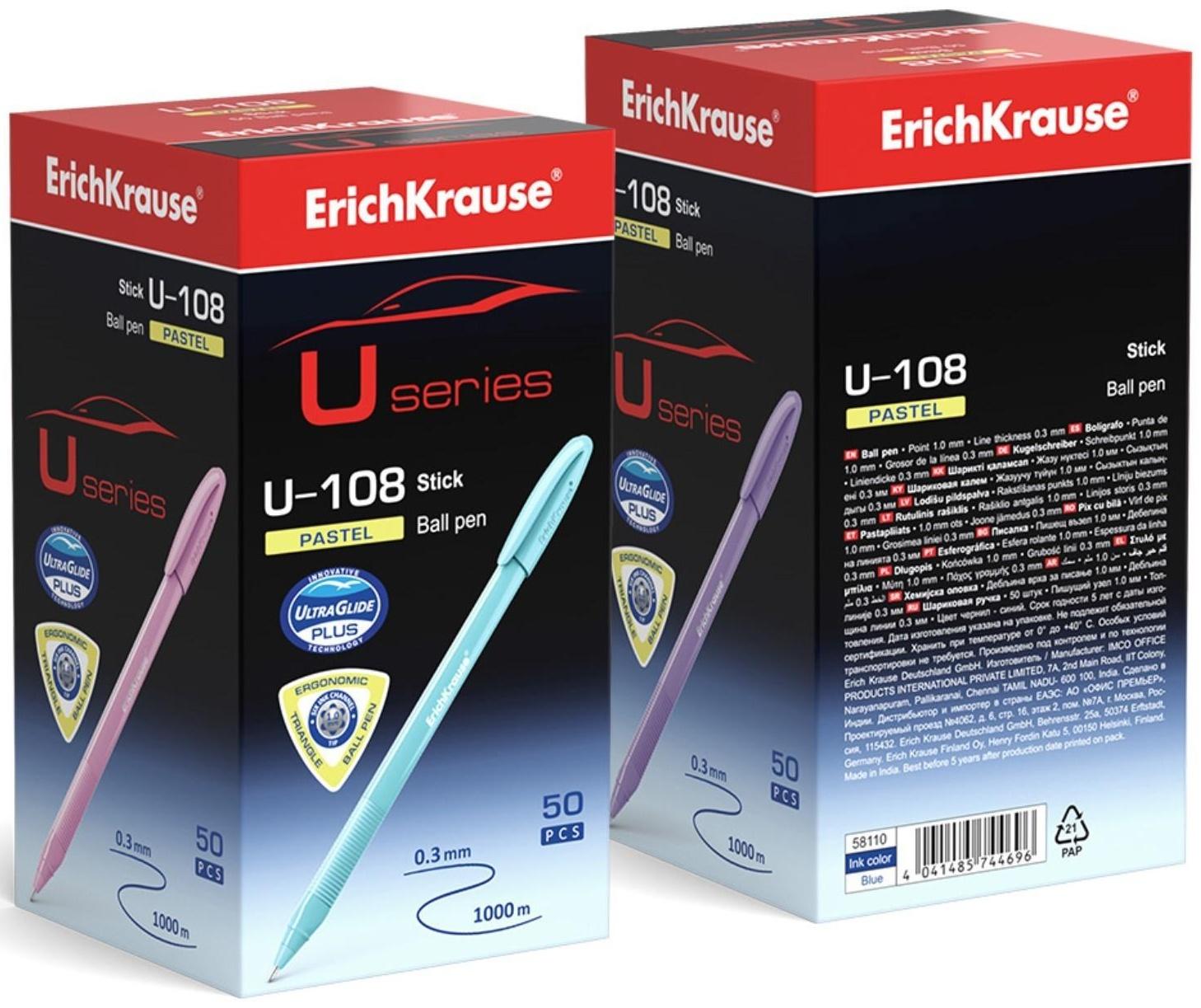 Ручка шариковая ErichKrause U-108 Pastel Stick 1.0, Ultra Glide, цвет чернил синий