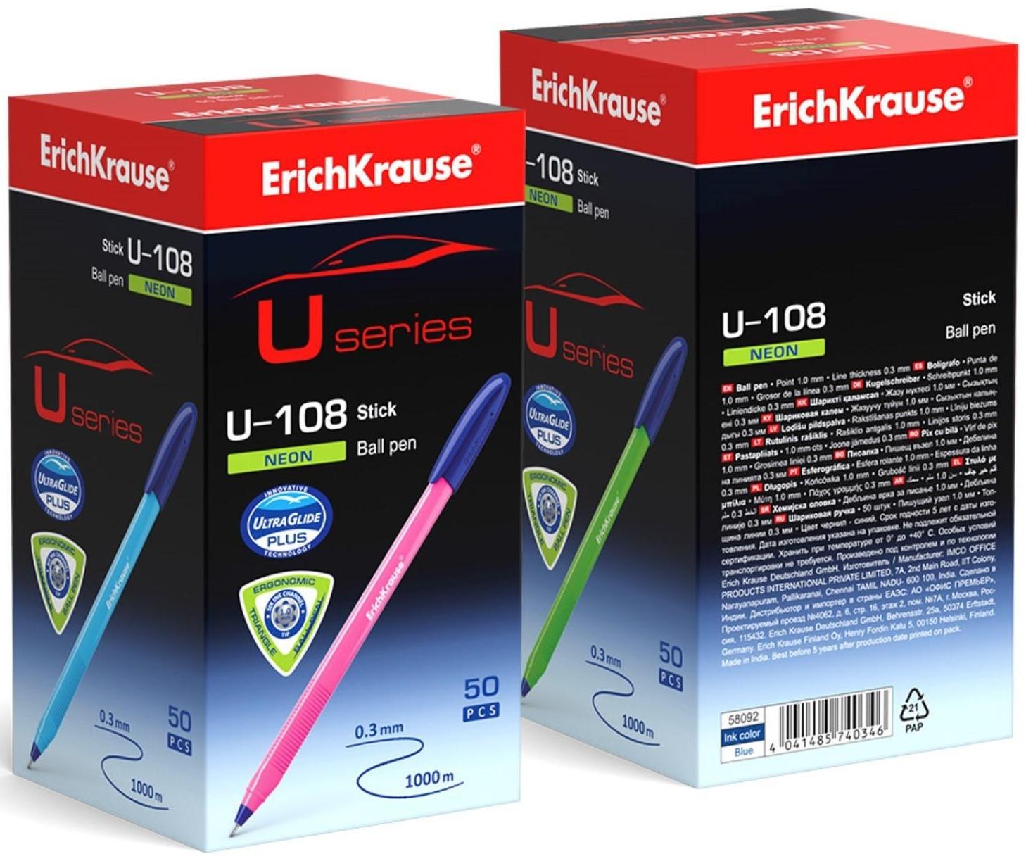 Ручка шариковая ErichKrause U-108 Neon Stick 1.0, Ultra Glide, цвет чернил синий