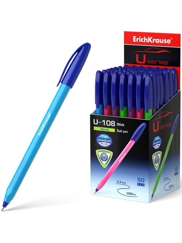 Ручка шариковая ErichKrause U-108 Neon Stick 1.0, Ultra Glide, цвет чернил синий
