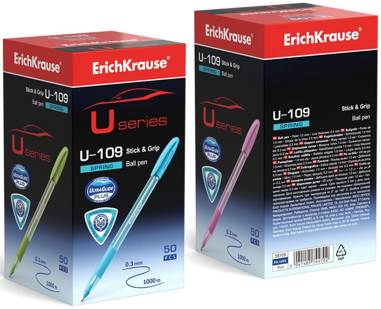 Ручка шариковая ErichKrause U-109 Spring Stick&Grip 1.0, Ultra Glide, цвет чернил синий