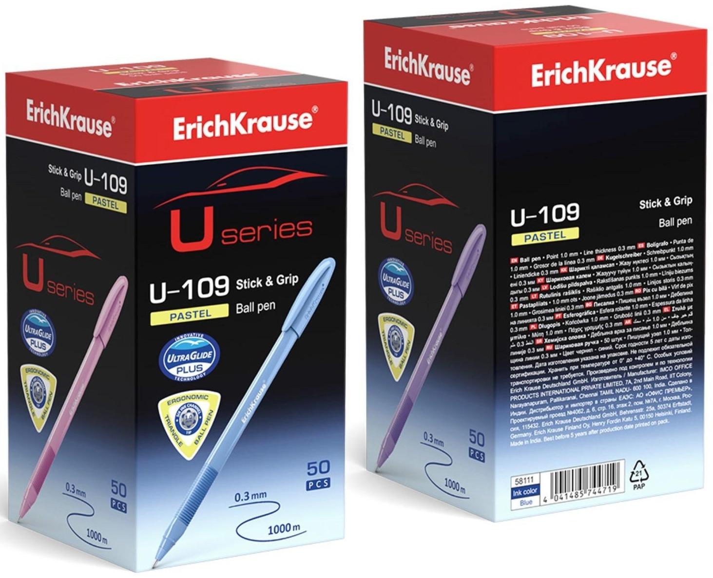 Ручка шариковая ErichKrause U-109 Pastel Stick&Grip 1.0, Ultra Glide, цвет чернил синий