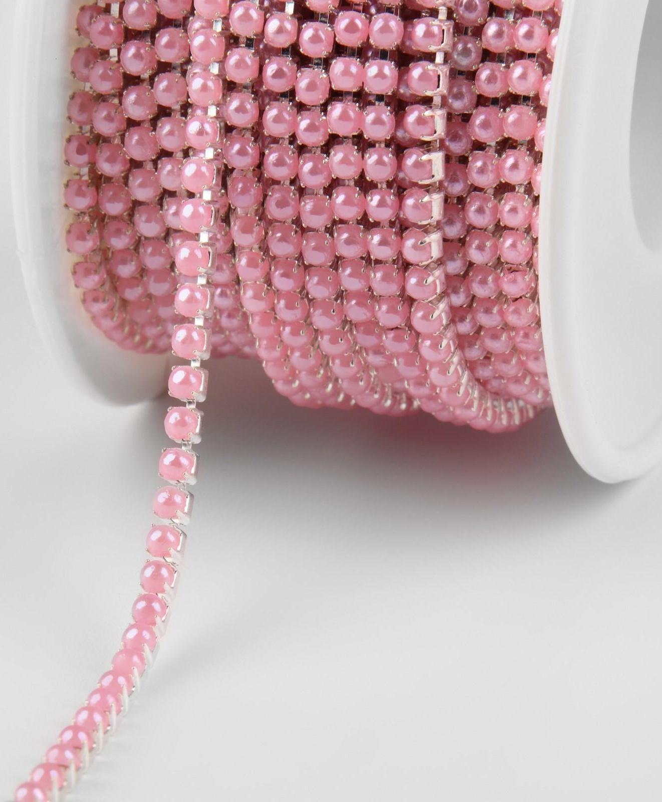 Цепь с жемчугом, 3 мм, SS8, 9 ± 1 м, цвет розовый