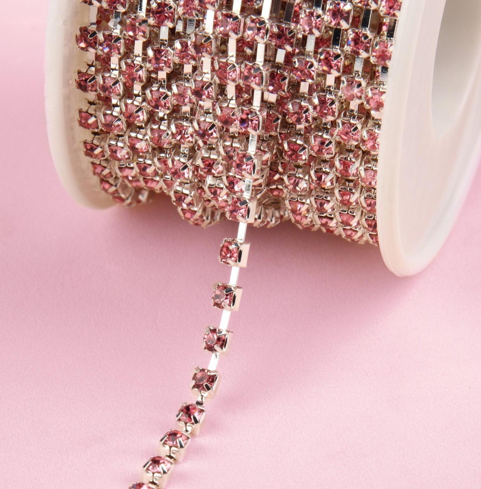 Цепь со стразами, 3 мм, SS12, 9 ± 1 м, цвет розовый