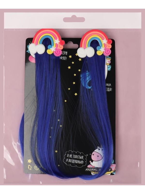Набор накладных локонов «РАДУГА», прямой волос, на заколке, 2 шт, 50 см, цвет синий/МИКС