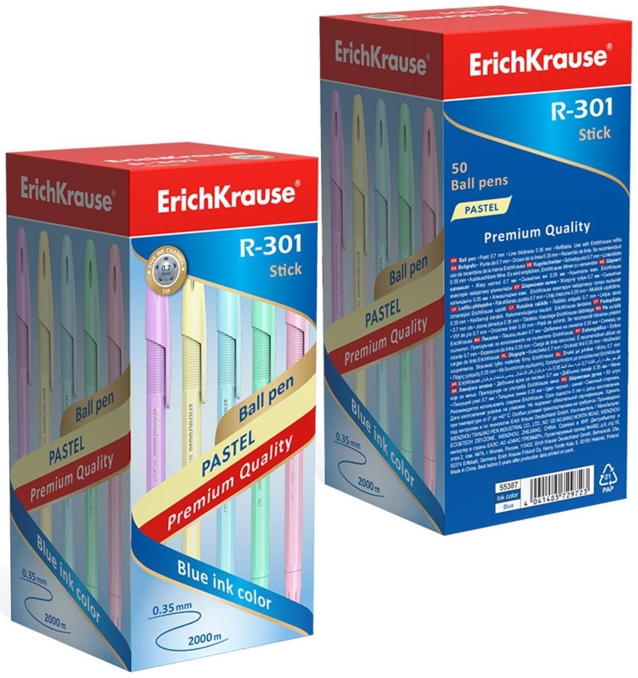 Ручка шариковая ErichKrause R-301 Pastel Stick, узел 0.7 мм, чернила синие