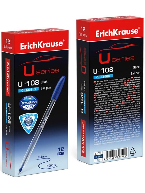 Ручка шариковая ErichKrause U-108 Classic Stick, узел 1.0 мм, чернила синие