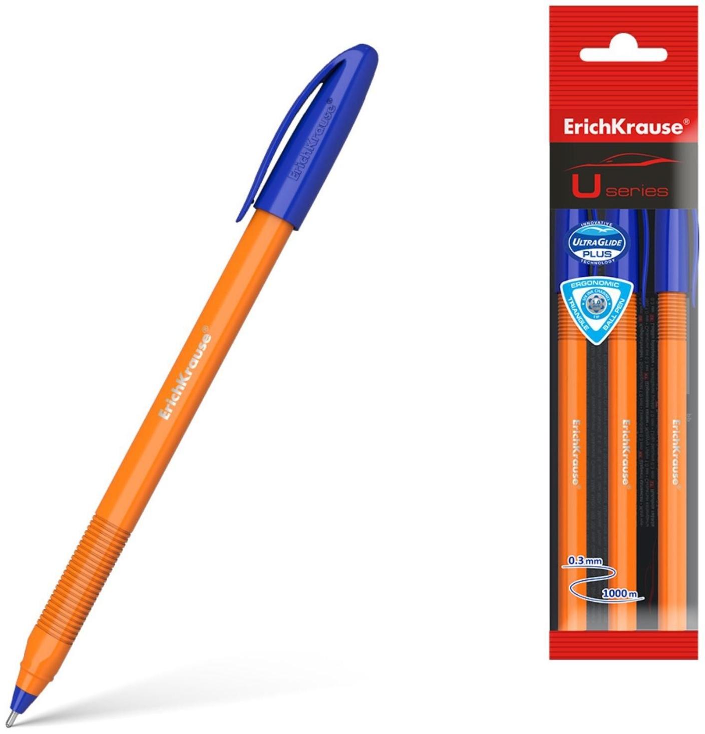 Набор ручек шариковых ErichKrause U-108 Orange Stick, 3 штуки, игольчатый узел 1.0 мм, цвет чернил синий, супермягкое письмо, корпус оранжевый