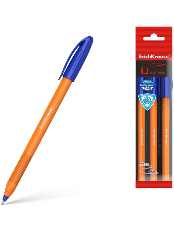 Набор ручек шариковых ErichKrause U-108 Orange Stick, 3 штуки, игольчатый узел 1.0 мм, цвет чернил синий, супермягкое письмо, корпус оранжевый