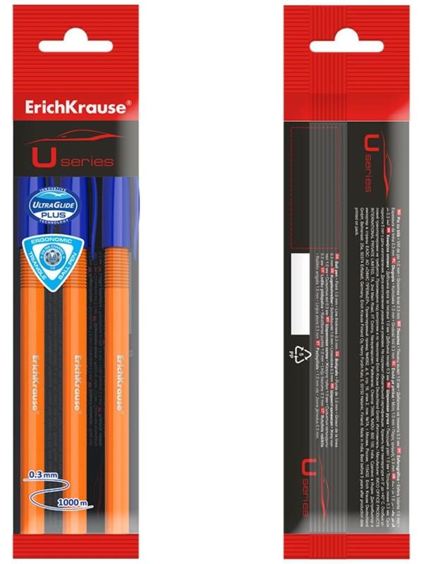 Набор ручек шариковых ErichKrause U-108 Orange Stick, 3 штуки, игольчатый узел 1.0 мм, цвет чернил синий, супермягкое письмо, корпус оранжевый