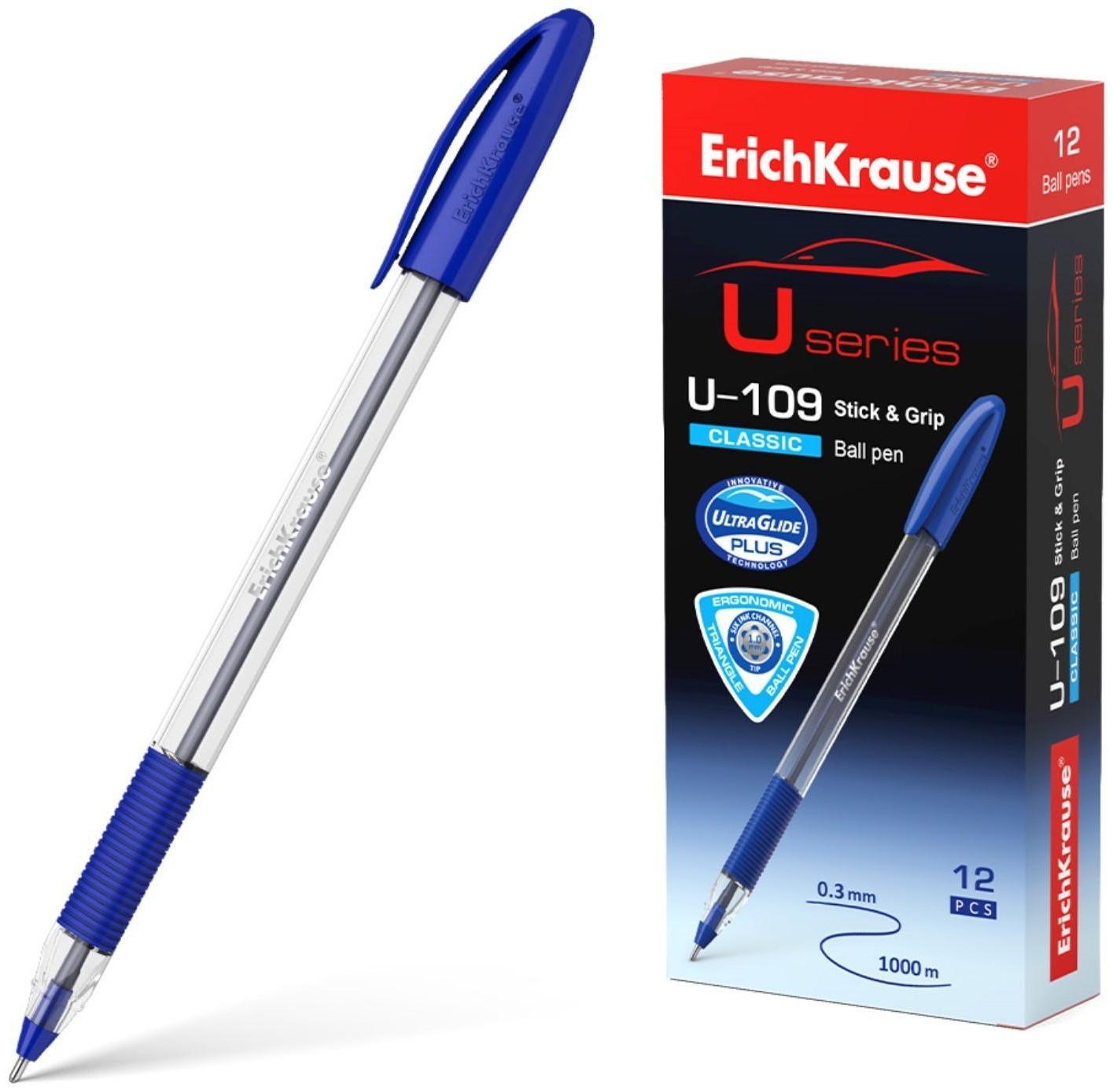 Ручка шариковая ErichKrause U-109 Classic Stick&Grip, узел 1.0 мм, грип, чернила синие