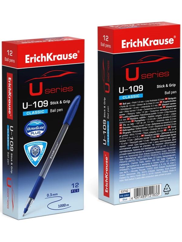 Ручка шариковая ErichKrause U-109 Classic Stick&Grip, узел 1.0 мм, грип, чернила синие