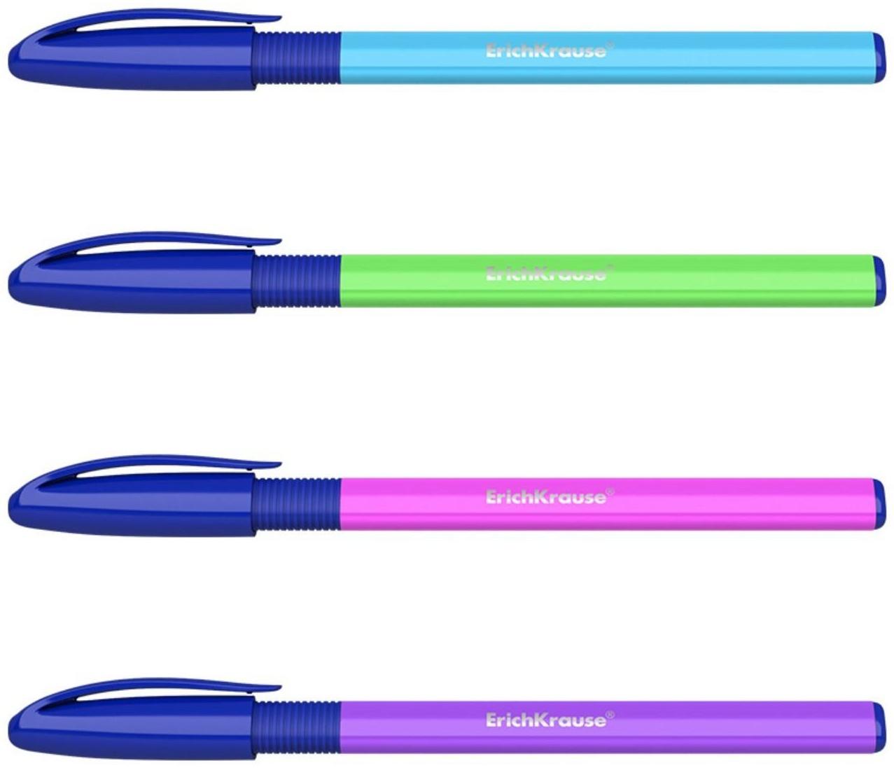 Набор ручек шариковых ErichKrause U-109 Neon Stick&Grip, 4 штуки, игольчатый узел 1.0 мм, цвет чернил синий, супермягкое письмо, резиновый упор, корпус неоновый микс